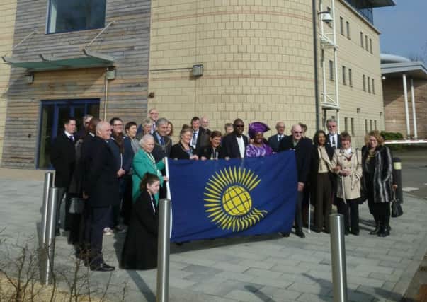Cllr Jenny Bloom and local dignitaries at AVDC's Commonwealth Flag raising ceremony in 2016