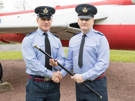 Warrant Officer Jake Alpert has left the post of Station Warrant Officer at RAF Halton after handing over the cane to Warrant Officer Ian Giles, who moved over from Training Development Wing to take the post.
