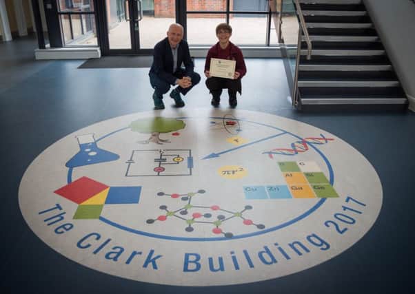 Clark Building opening by Professor Marcus du Sautoy pictured with Jamie Lyon who won a competition to design a feature for the floor