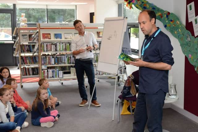 Dragonsitter author, Josh Lacey and illustrator, Garry Parsons, at Buckingham Library as part of Buckingham Literary Festival.