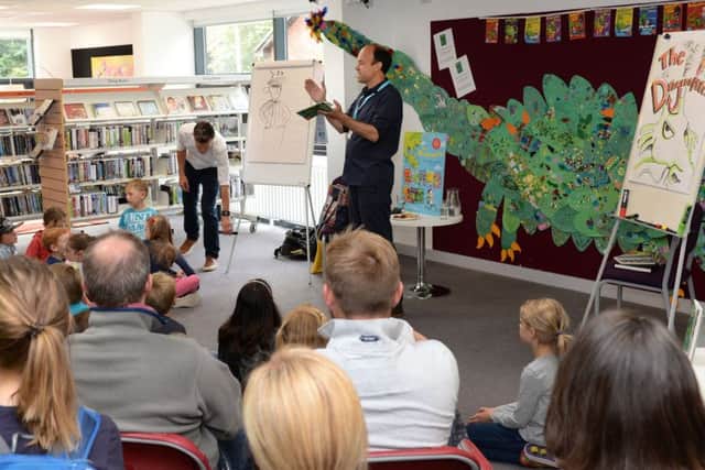 Dragonsitter author, Josh Lacey and illustrator, Garry Parsons, at Buckingham Library as part of Buckingham Literary Festival.