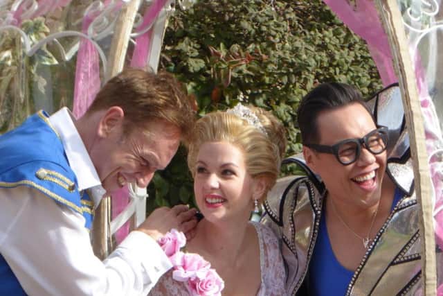 Brian Conley (Buttons), Lauren Hall (Cinderella) and Gok Wan (Fairy Gokmother)