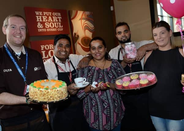 Costa Coffee, Cambridge Close, Aylesbury, charity day. From the left, Martin Thorpe, Costa, Sri Padmanabhan, Costa, organizer, Shruthi Ananth, henna artist, Silmy Hilmy, Costa and Ellie Shelby, fundraiser for Sienna.